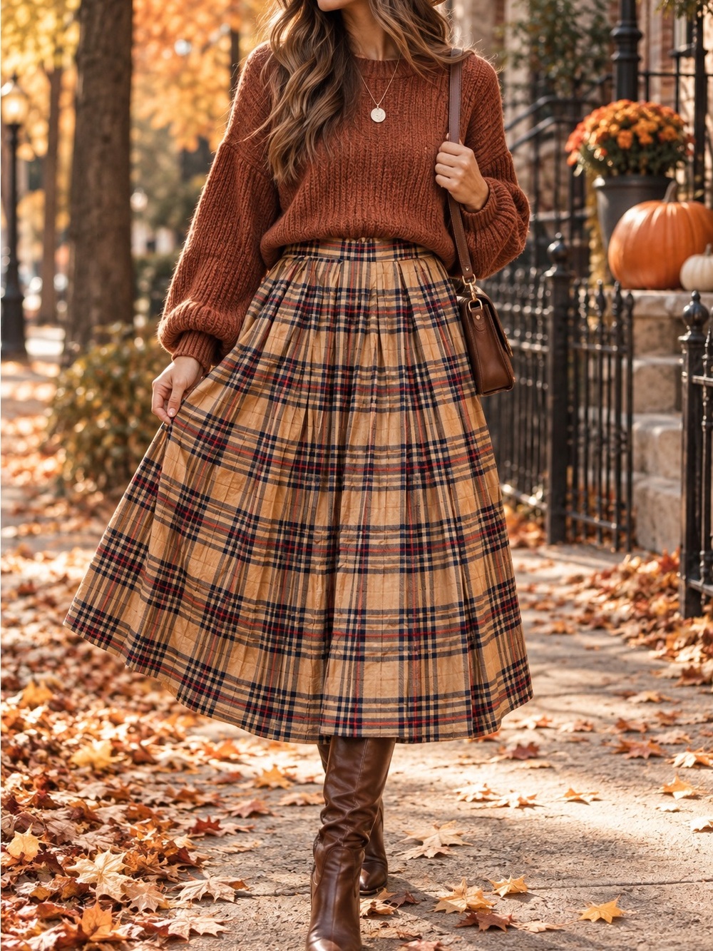 TULIP B | Vintage Inspired Plaid Midi Skirt in Mustard Tan Khaki